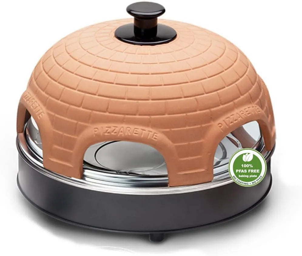 Modell PO-115984 Emerio Pizzaofen, echter Familien-Spaß für 6 Personen, patentiertes Design, Terracotta Orange, 1 handgemachte Terracotta Tonhaube