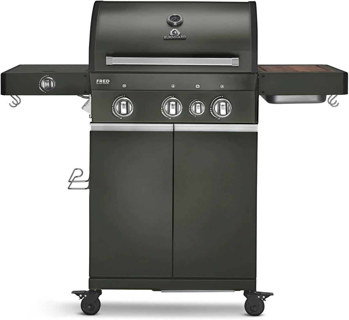 Gasgrill BURNHARD, 900°C Infrarot-Keramikbrenner, Gusseisen-Grillrost, Grillwagen, FRED GREEN, 3-Brenner inklusive. BACKBURNER, Seitenkochfeld