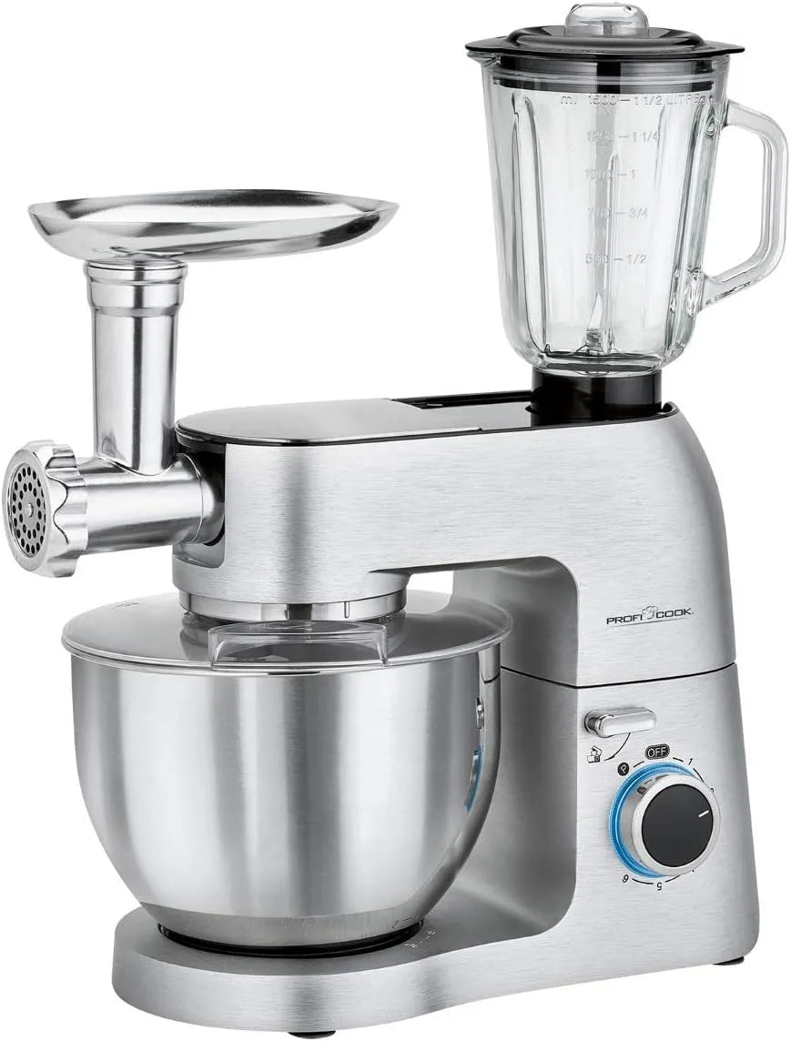 Küchenmaschine 3in1 PC-KM 1189, 8 Geschwindigkeitsstufen, 1500 Watt, Fassungsvermögen 6,7 Liter Edelstahlschüsse, Glas Mixer 1,5 Liter, Fleischwolf
