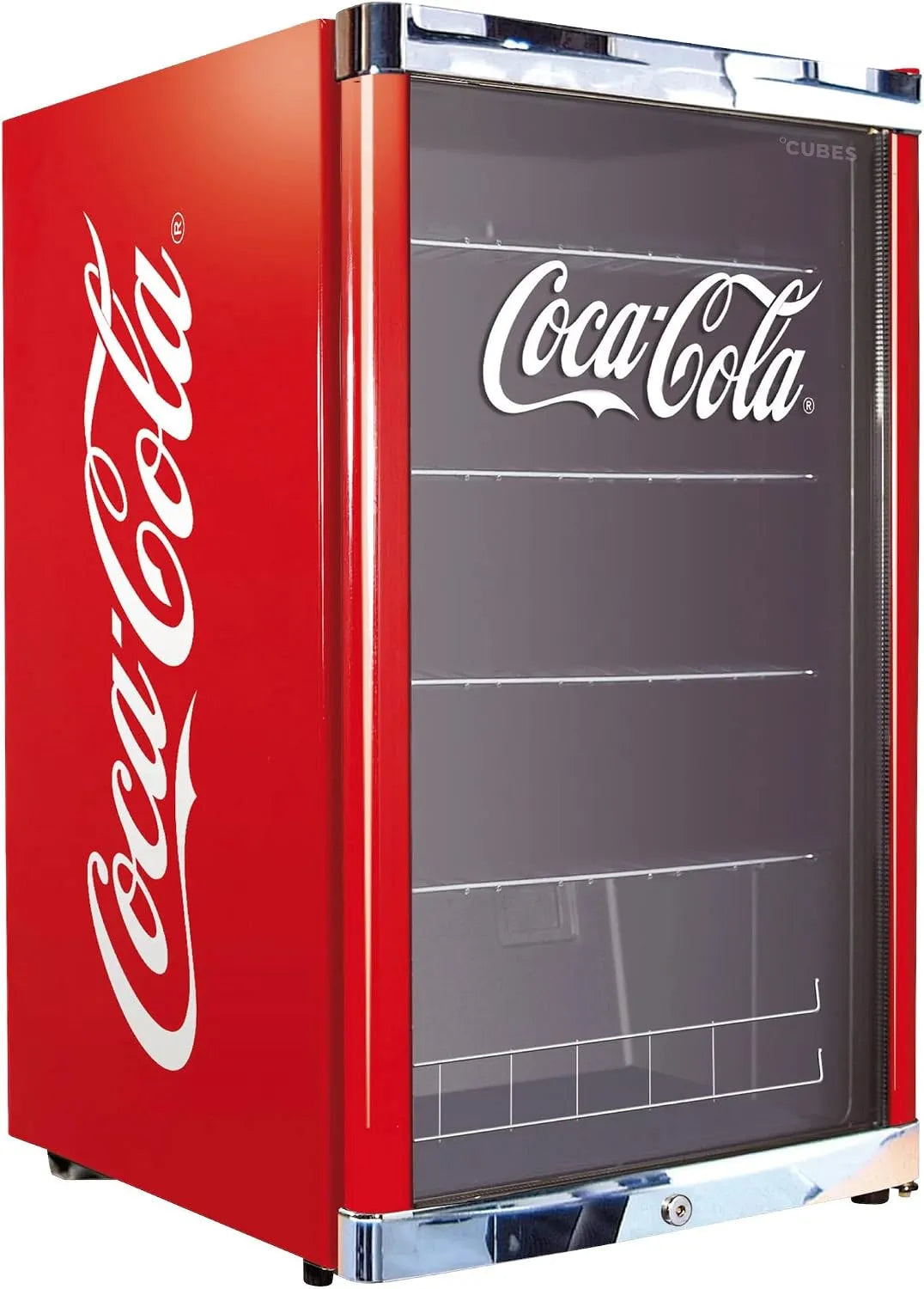 Kühlschrank CUBES Coca Cola, Fassungsvermögen 115L, 84,5 cm hoch, 104 kWh, Getränkekühlschrank groß mit Glastür, für Partys & Gewerbe, Jahr