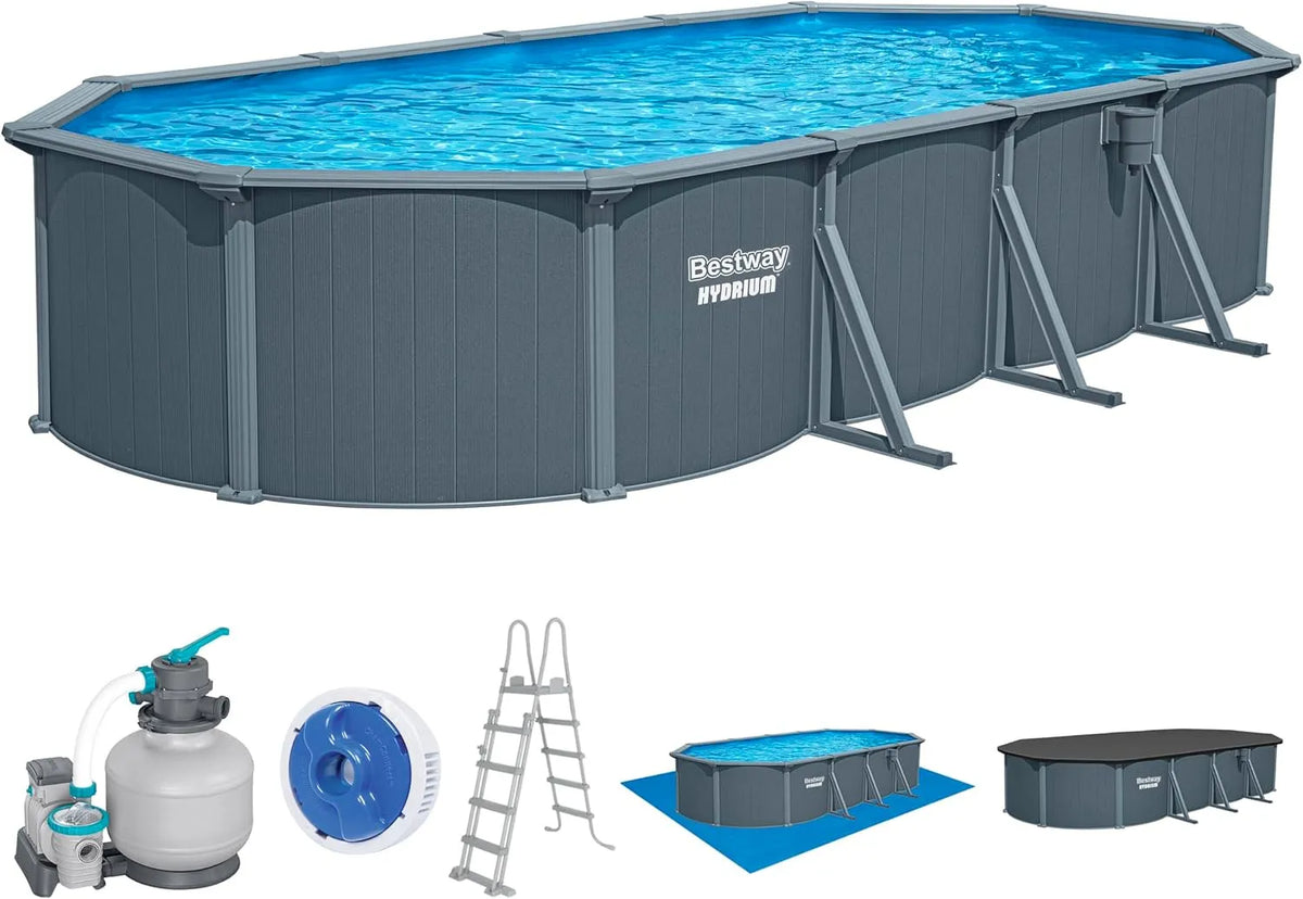 Bestway Pool, Holzoptik, Hydrium Stahlwandpool 732x366x132 cm Oval, inklusive. Sandfilteranlage, kein Abbau, Ganzjährig & Winterfest