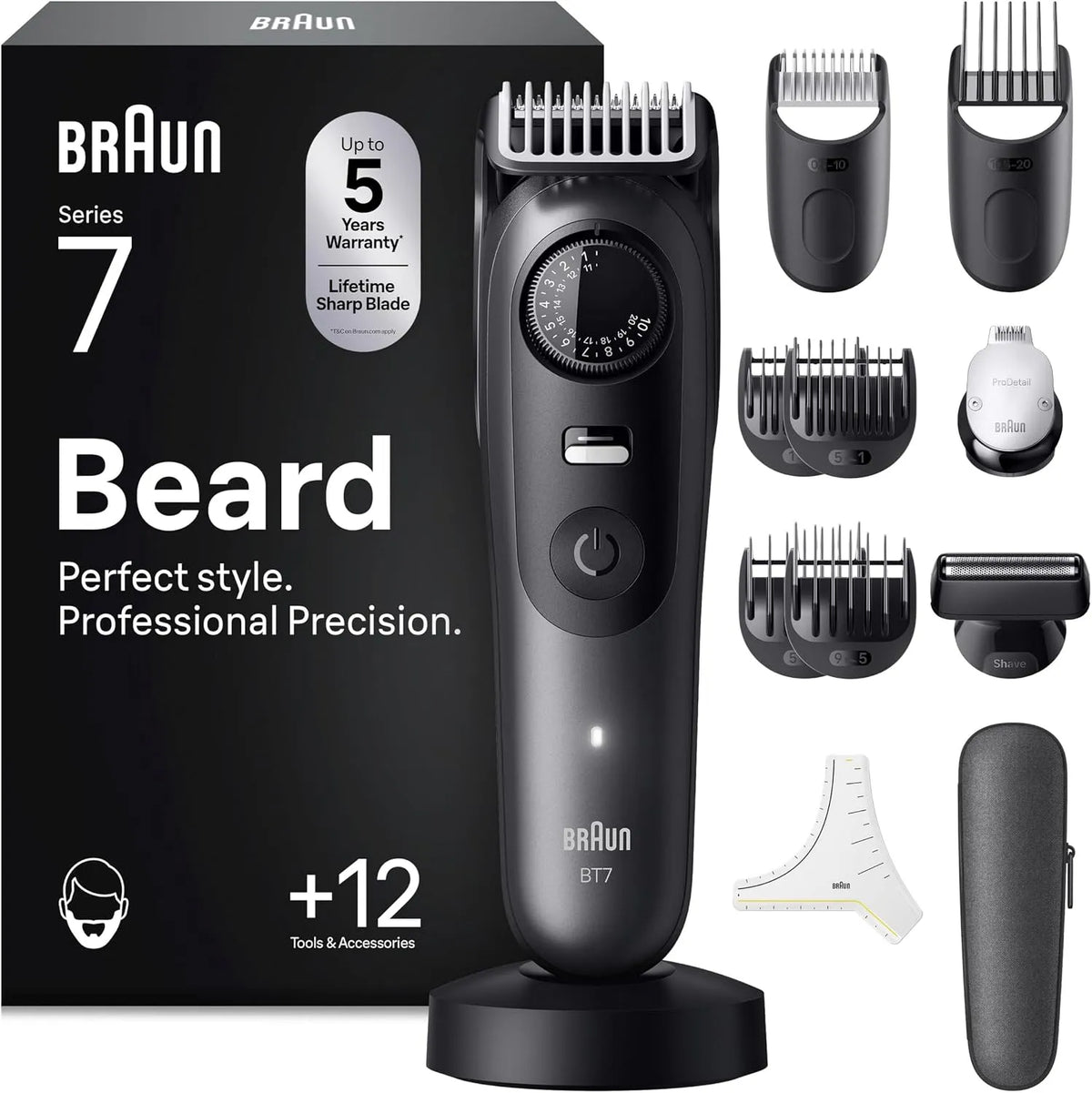 Braun Barttrimmer Series 7, Elektrischer Bartschneider Herren mit 12 Zubehörteile BT7545, Fassungsvermögen 40 Längen, 120 Min. Akku, Wasserdicht