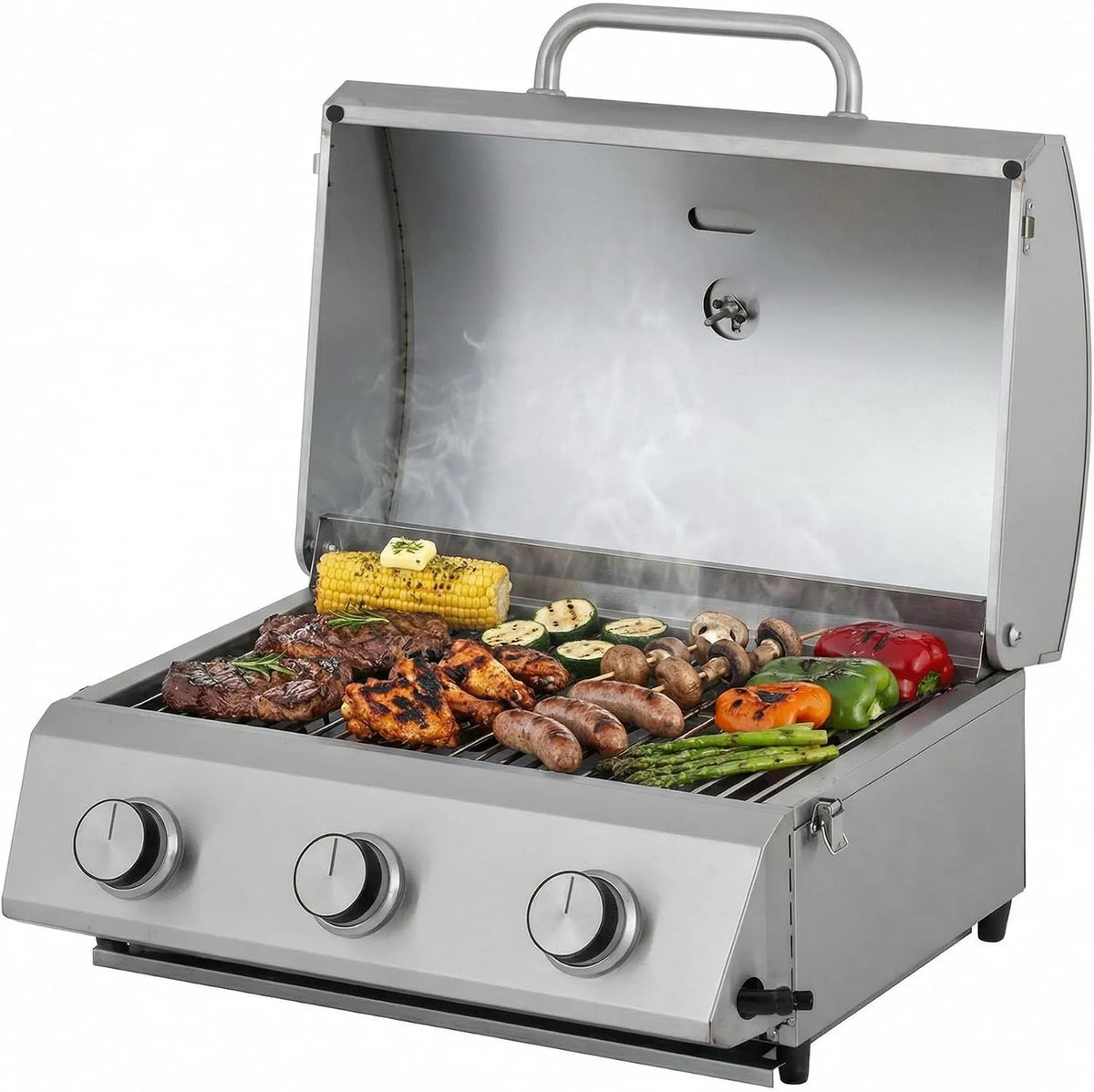 Gasgrill 3-Brenner-Gasgrill Tarrington House Tisch, CATHAN, Grillrost edelstahl. Stahl, Tischgrill für Outdoor, Balkon, Camping, silber