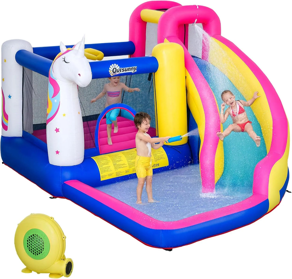 Outsunny, mit Gebläse 5 in 1 aufblasbare Wasserpark im Einhorn-Design, Hüpfburg