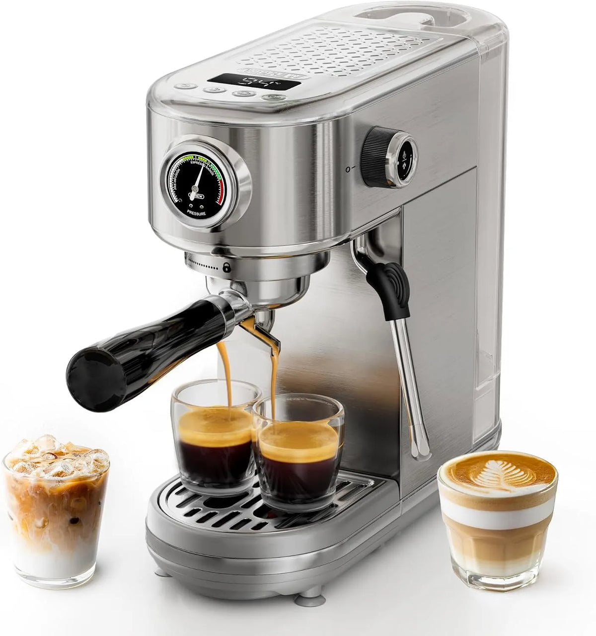Espressomaschine H10B HIBREW Programmierbare, gebürsteter Edelstahl, einstellbare Temperatur und Tassenvolumen, Dampfreiniger für Milchaufschäumer
