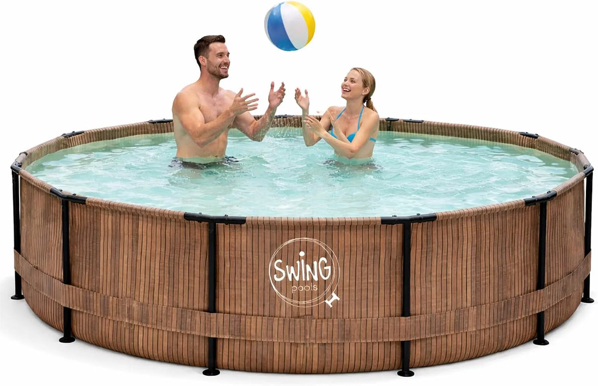 Pool, Ø 305 cm, 76 cm tief, Gartenpool mit 4.500 Liter, HAF, Swing Frame rund Holz-Optik, UV-geschützt & korrosionsbeständig, Stabiler Metallrahmen