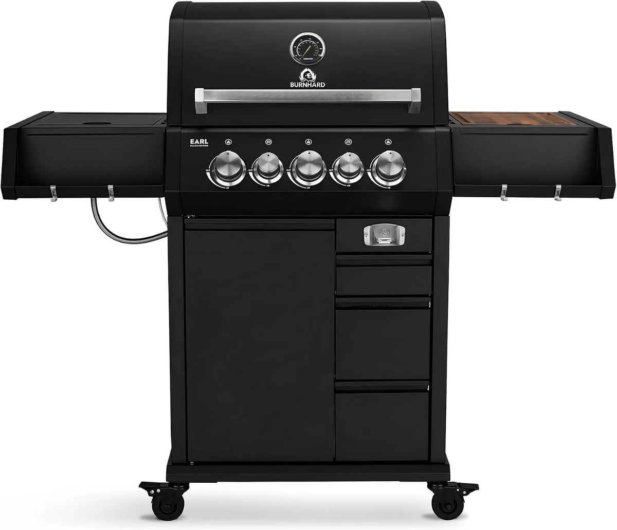 Gasgrill BURNHARD, 3-Brenner inklusive. Heckbrenner, mit Gusseisen Grillrost & inklusive. stabiler Abdeckhaube, EARL, in Schwarz