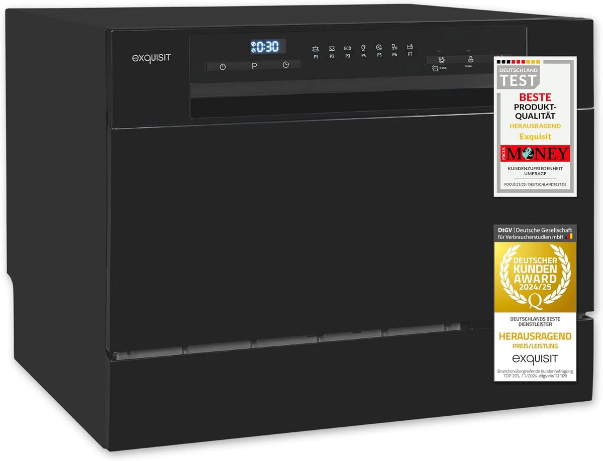 Exquisit Geschirrspüler GSP5206-030D, 55 cm breit, Mini, spülmaschine klein, ECO-Modus, Tischspülmaschine, Auto Türöffner, in Schwarz
