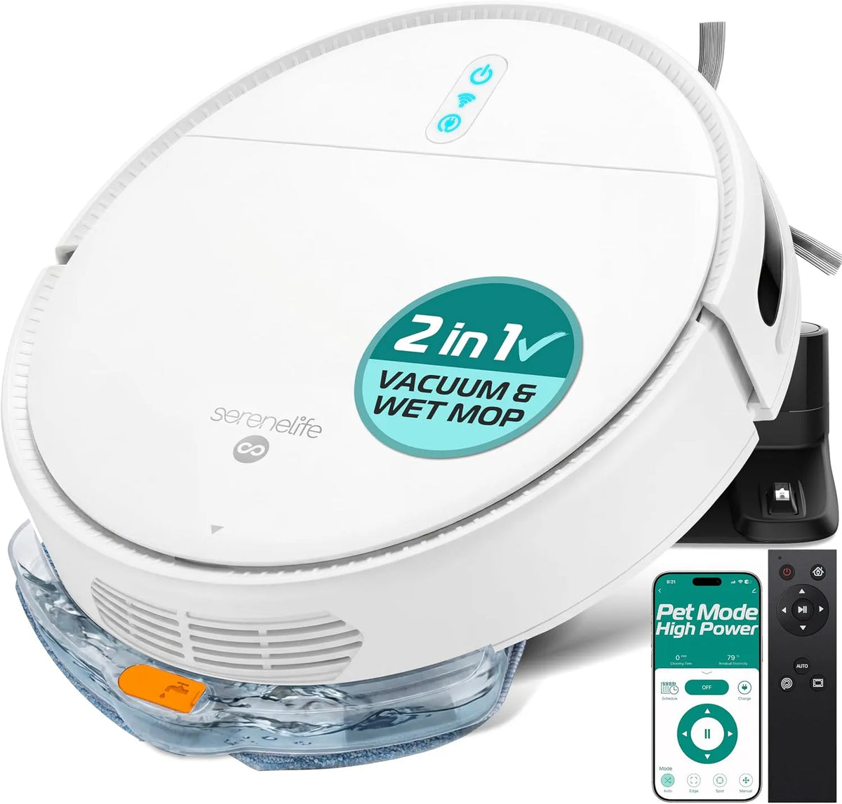 Saugroboter SereneLife, Staubsauger Roboter für Tierhaare, 700Pa, 3 Reinigungsmodi, mit Wischfunktion, Hartböden, Teppich, Absturzsensoren