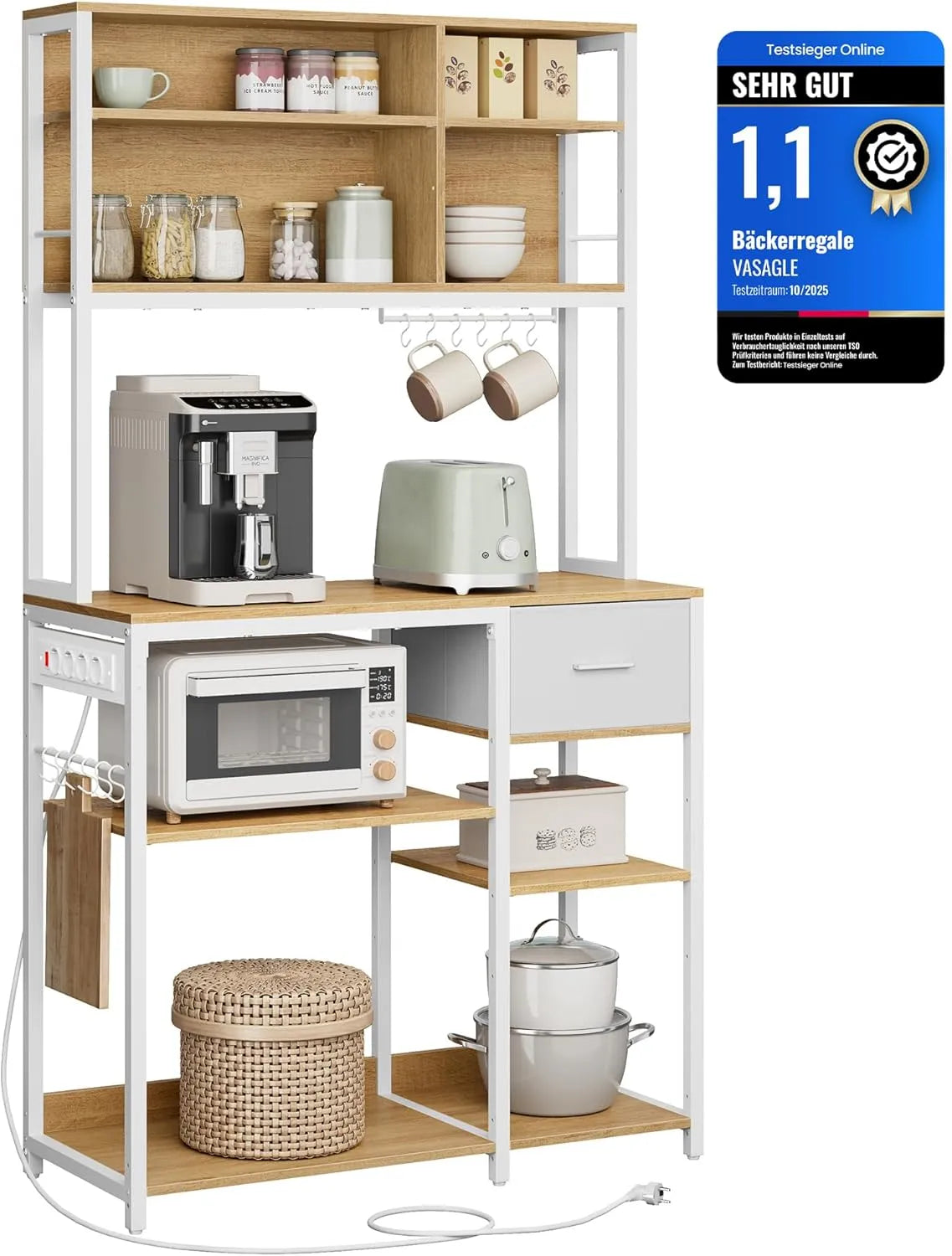 Modell mit Steckdosen KKS027Y02 VASAGLE Küchenregal, Maße 40 x 100 x 180,4 cm, 12 Haken, Standregal, Backregal, verstellbare Ablagen, Stoffschublade