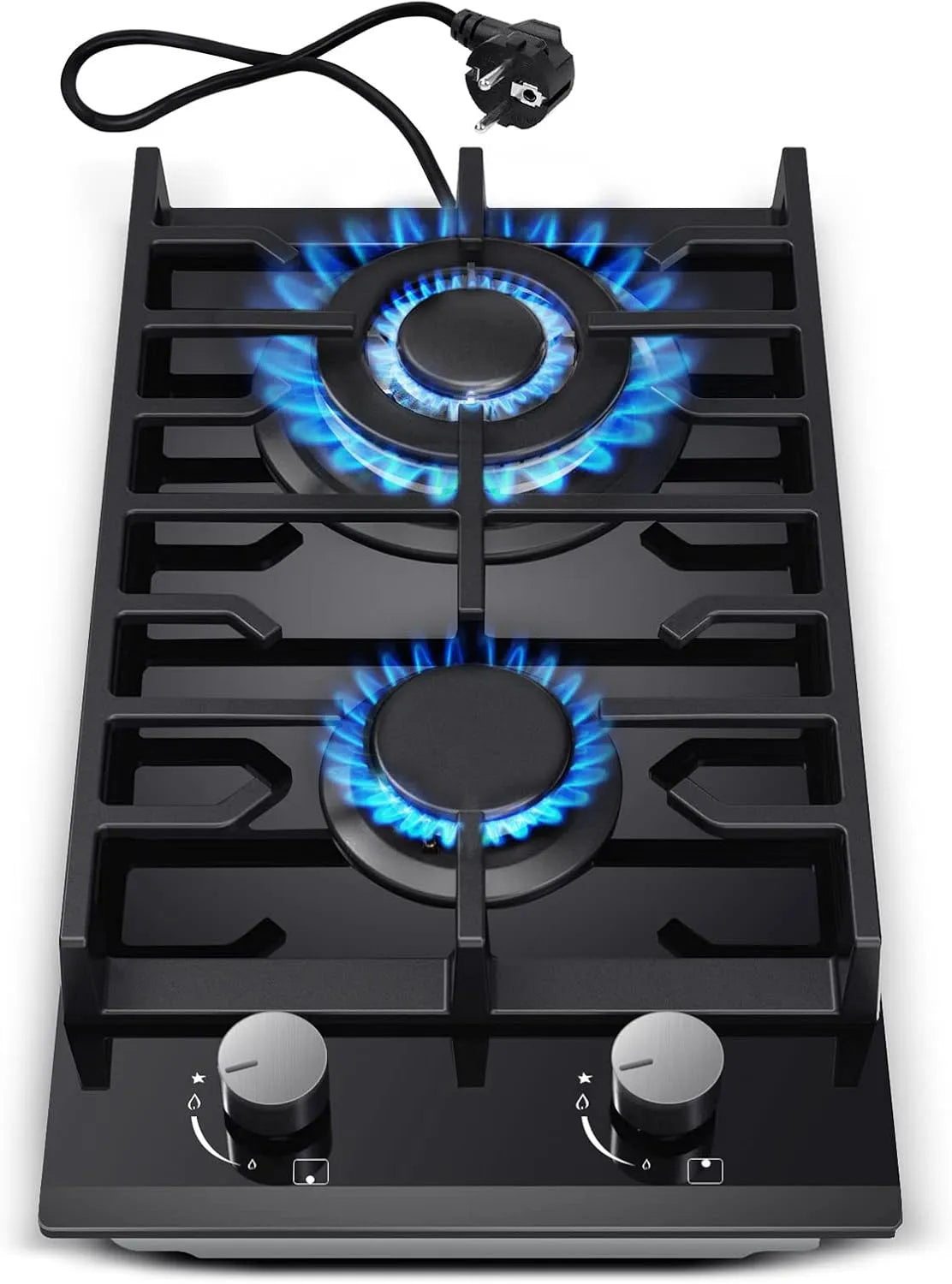 Kochfeld, TopStrong Gaskochfeld 2 Flammig, 30cm Gehärtetes Glas-Gaskochfeld, Leistung 5200W, Einbau Gaskochfeld mit Gusseisernen Stützen, Erdgas