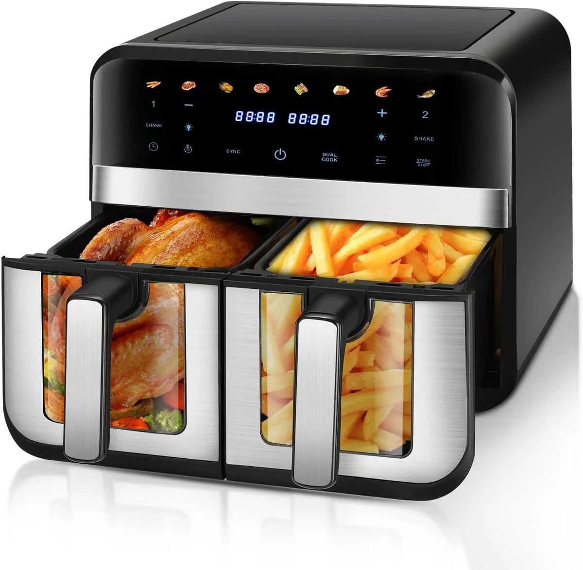 Heißluftfritteuse Dual Zone, XXL 9L Rapid AirFryer, 2 Fächer, 8 Betriebsprogramme, 80°C- 200°C, Leistung 2400W, Heißluftfritteusen ohne Öl, Grillen