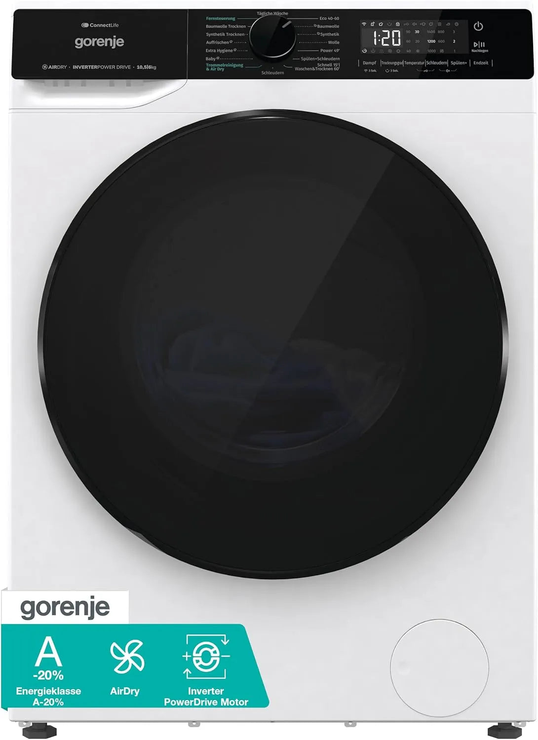 Gorenje Waschtrockner WD2PA1X64ADW 1400 A-20, 16 Betriebsprogramme, Wash&Dry 60', DE, min, AirDry, Gewicht 10,5 KG, Fassungsvermögen 54 Liter
