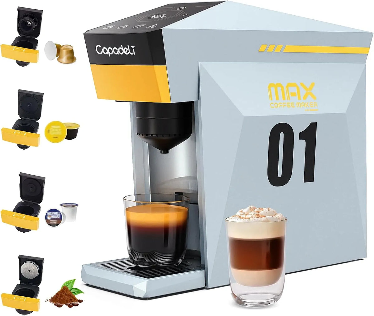 Kaffeemaschine 4-in-1-Kaffeemaschine 19-bar-Espressomaschine, für NES, K-Cup-Einweg-Kaffeekapseln und gemahlenen Kaffee, Farbe Grau, DG