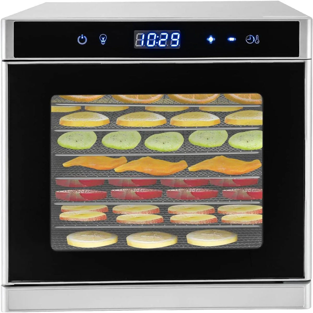 Dörrautomat Edelstahl, Leistung 700W 8 Etagen Food Dehydrator Temperatur 35-75 C° Nüsse und Fleisch Trocknen LED-Anzeigebildschirm für Früchte, Gemüse