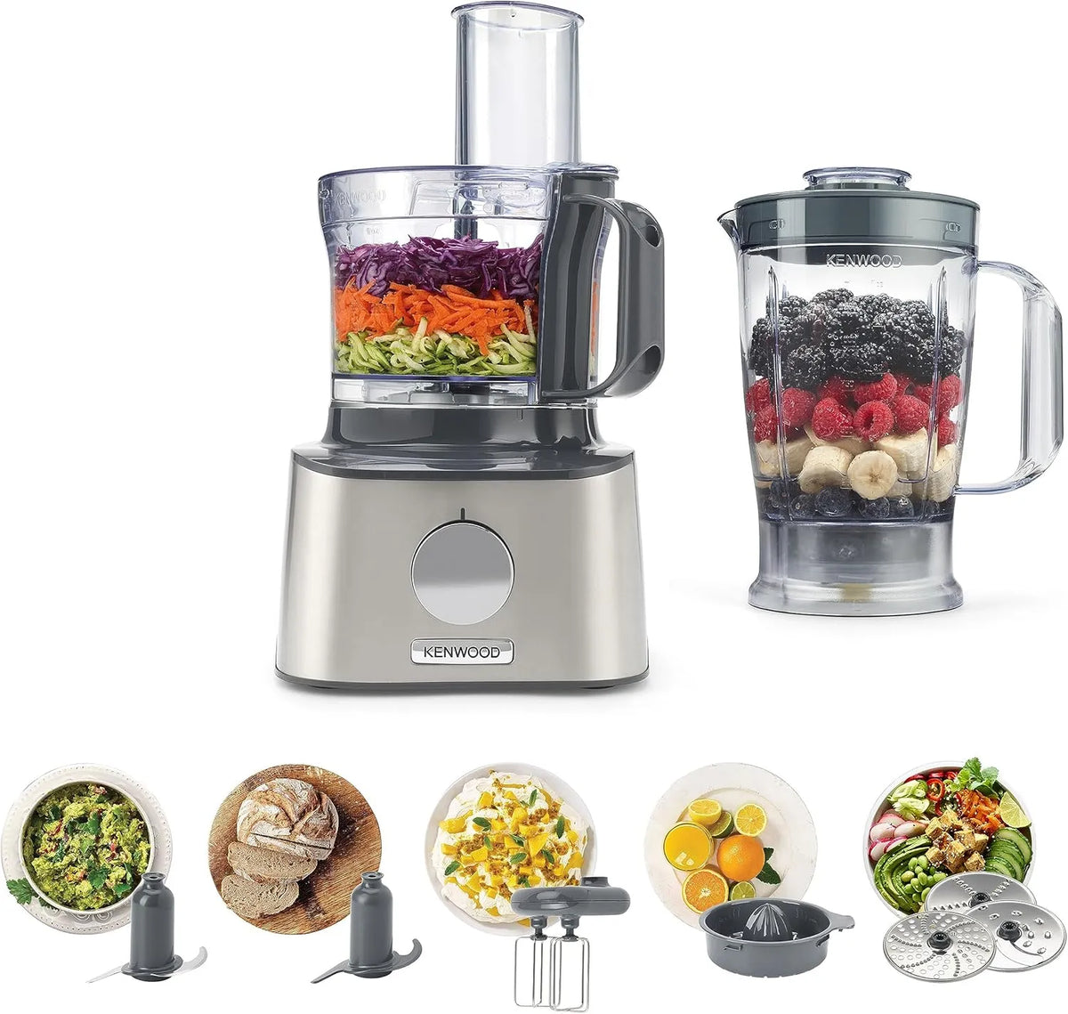 Kenwood Küchenmaschine FDM301SS, 800 Watt, Fassungsvermögen 2,1 Liter, 3 Arbeitsscheiben und 4 weiteren Zubehör-Teile, inklusive. Edelstahl Messer