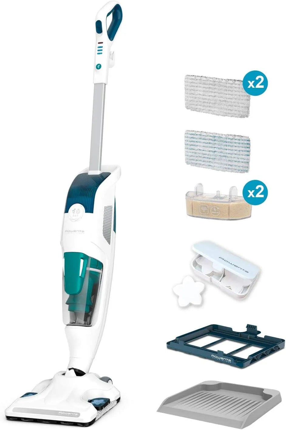 Rowenta Dampfreiniger RY7757, Bodendampfreiniger Clean & Steam Revolution, alle Bodenarten, Weiß-Blau, 2 in 1 Reingung Saugen und Dampfen