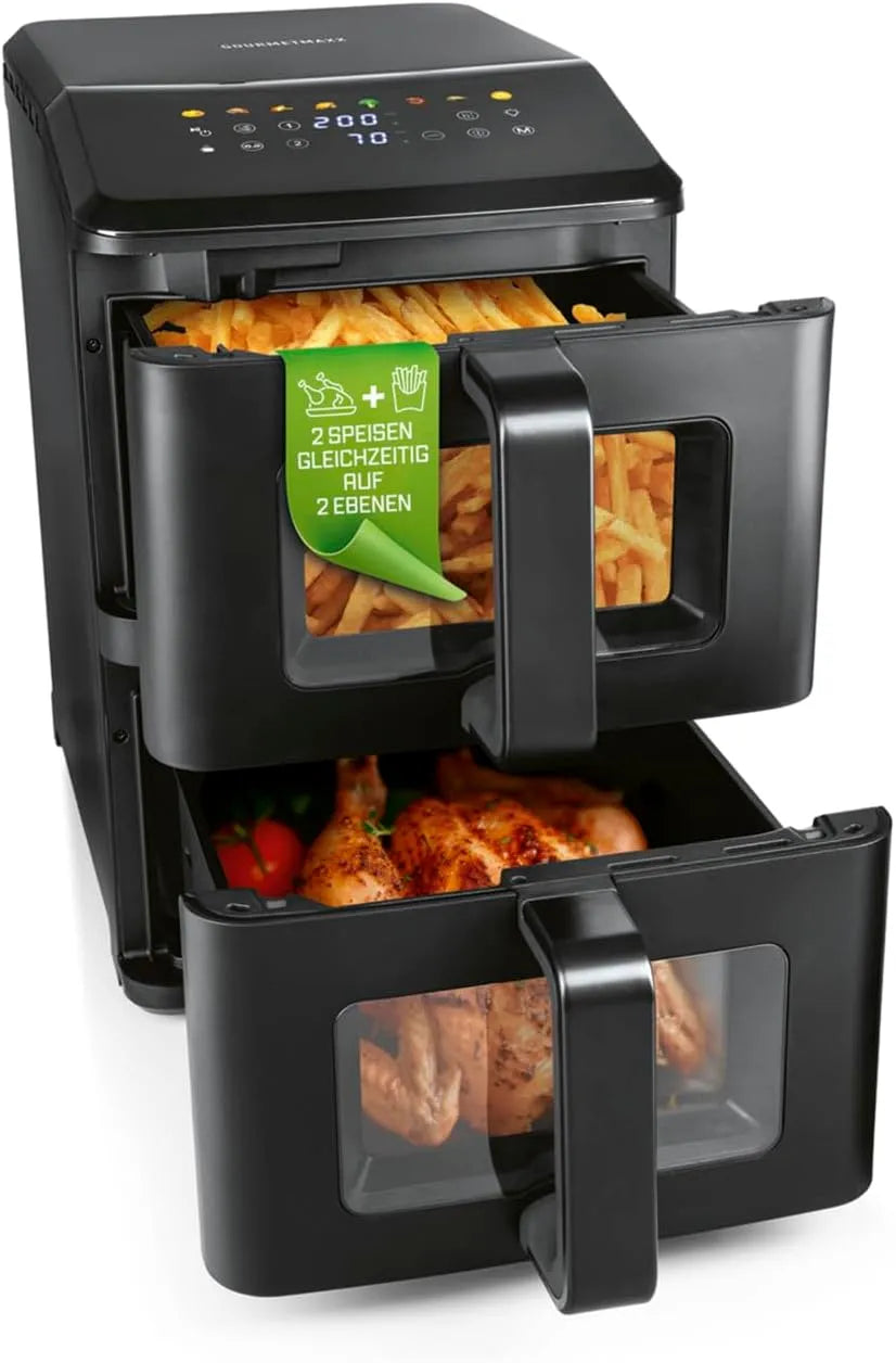 Heißluftfritteuse, Fassungsvermögen 10 L, Airfryer mit 9,8 Zoll Multi-Colour LED-Touchdisplay & 11 Programmen, 2 Kammern mit Oberhitze