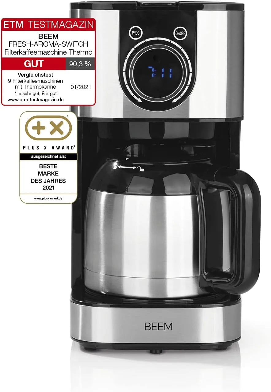 Kaffeemaschine 24h-Timer, Fassungsvermögen 1 l Thermoskanne, Leistung 800 W, Für 4-8 Tassen, BEEM FRESH-AROMA-SWITCH Filterkaffeemaschine, Edelstahl