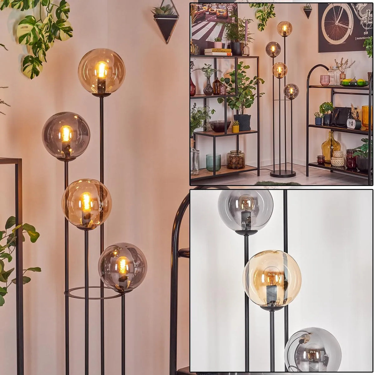 Modell Gastor E14 HOFSTEIN Stehleuchte, Ø 15 cm, Breite 148,5 cm, Stehlampe aus Metall, Rauch, Bernstein, moderne Leuchte im Retro, Vintage-Design