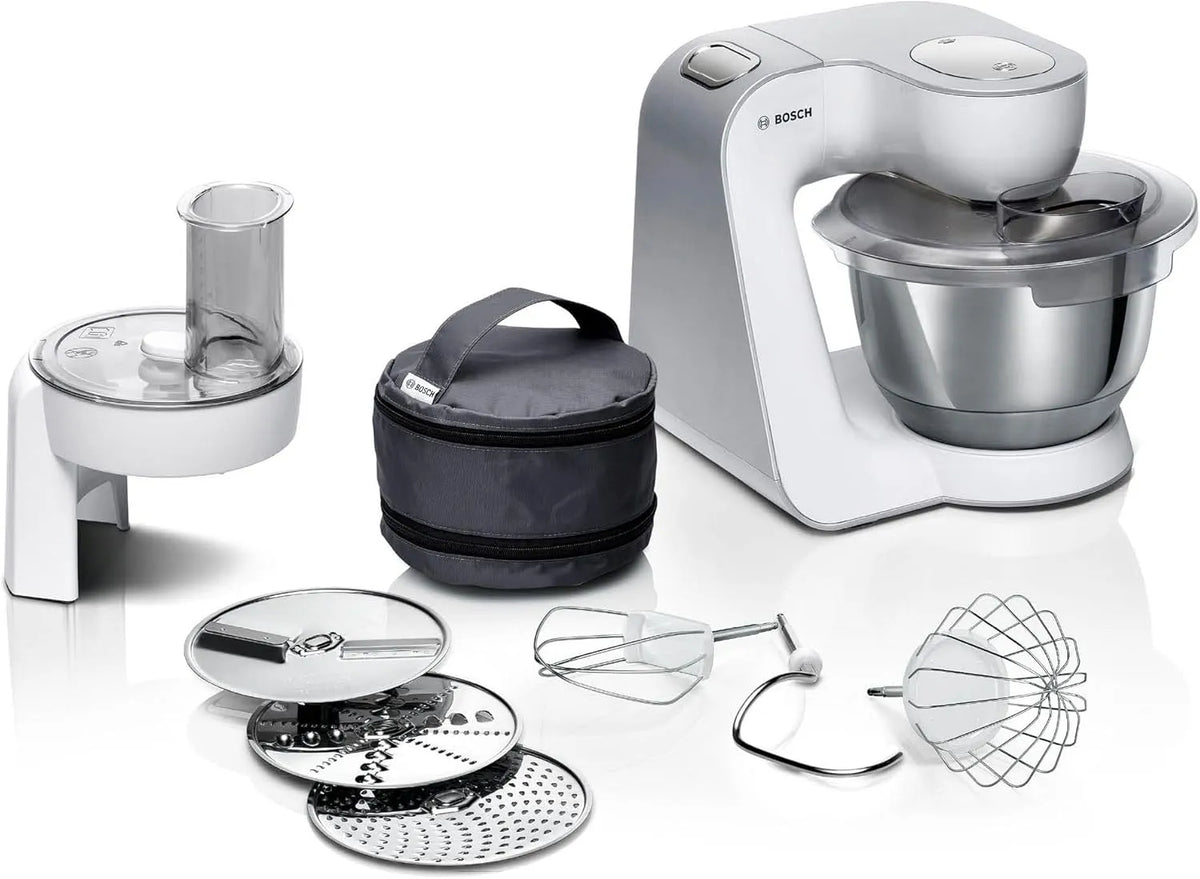 Bosch Küchenmaschine MUM58210, Serie 4, Edelstahl-Schüssel 3,9 L, Leistung 1000 W, 3 Scheiben, Patisserie-Set Edelstahl, Knethaken, Schlagbesen, weiß
