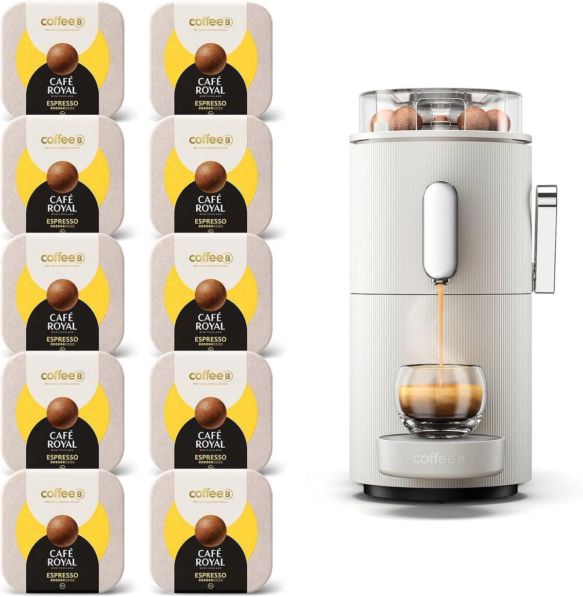 Kaffeemaschine CoffeeB, 100% kompostierbar, Globe weiß 1,3 l by Café Royal + 90 Coffee Balls Espresso