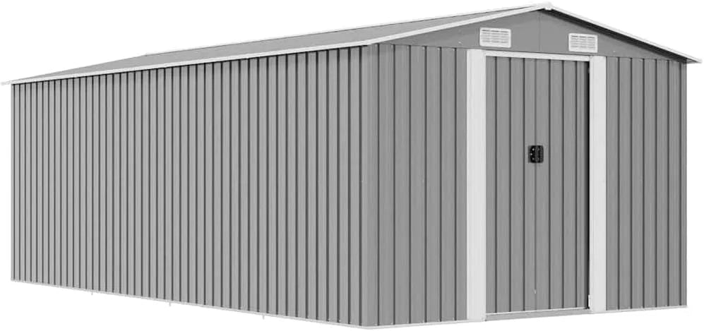 Gerätehaus Metall, 257x489x181 cm Farbe Grau mit Doppelschiebetüren für Gartenwerkzeuge und Möbel, Verzinkter Stahl Schuppen mit Belüftung