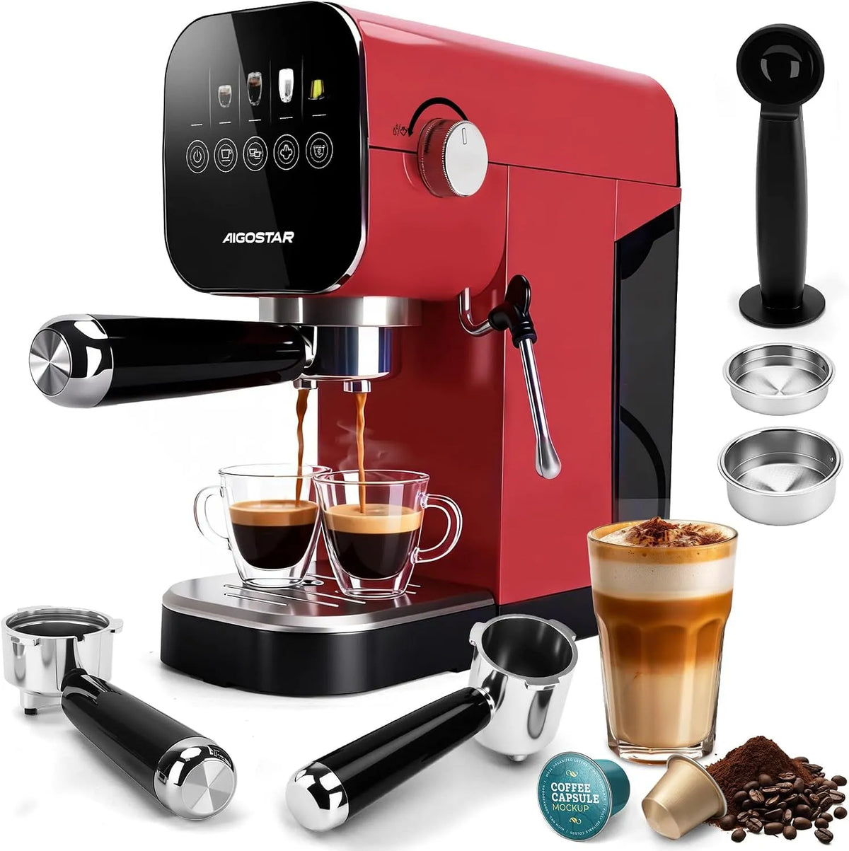 Espresso-Siebträgermaschine Aigostar - Espresso, 20 Bar, Leistung 1350 W, 1/2 Tassen, Fassungsvermögen 0,9L, Digitales Touchpanel, Edelstahl, Rot