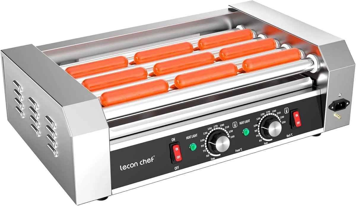 Grill, Hot Dog Machine Elektrogrill, 7 Rollen Edelstahl Hot Dog Maker, 1200 Watt mit Auffangschale, LED-Leuchten und 50-250°C Temperatur