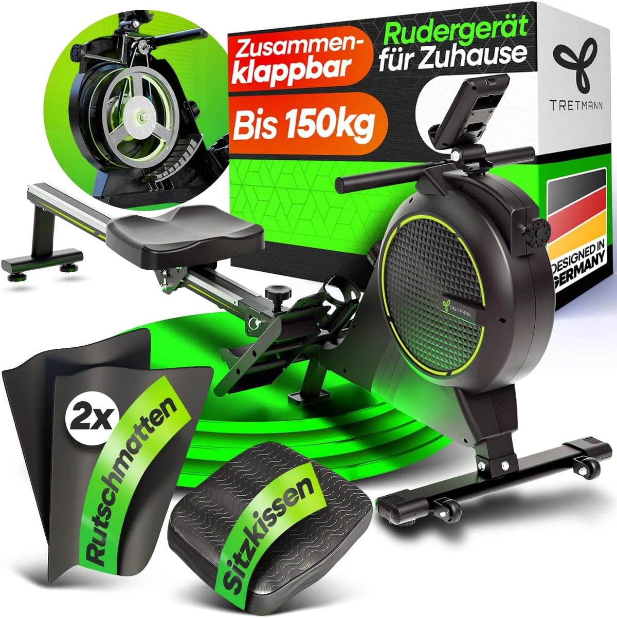 Rudergerät für Zuhause Set Modell Wirbelstrombremse2.0 NEU Tretmann, bis 150KG Zertifiziert, extra leise, patentiert ErgoKonzept