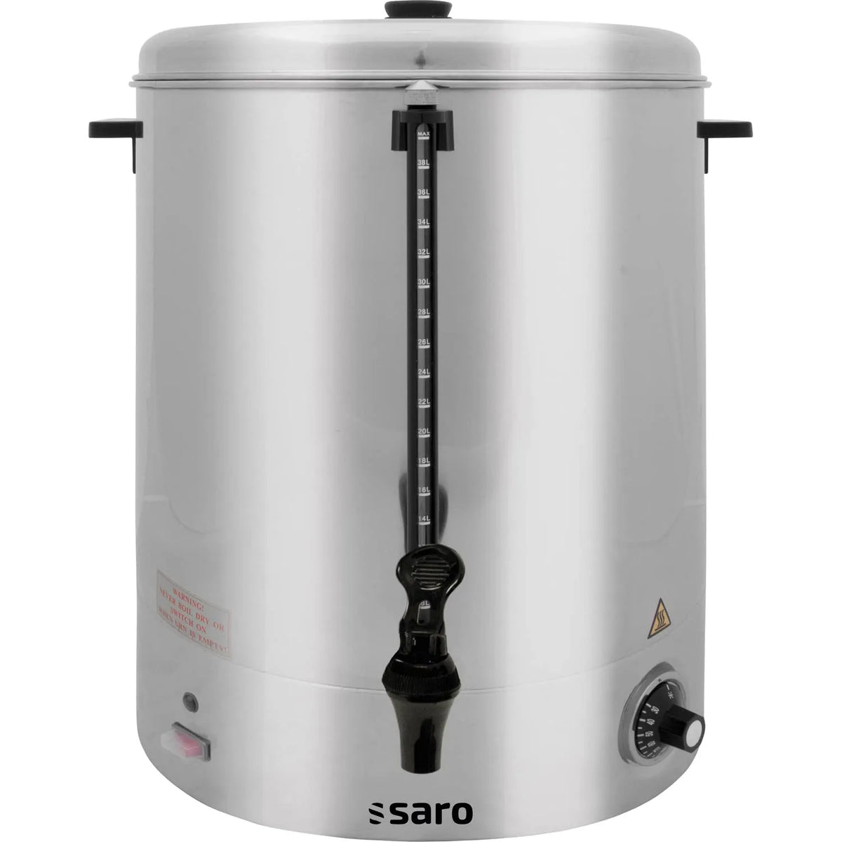 SARO Glühweinkocher, Leistung 2,4 kW, Heißwasserspender, Sicherheitszapfhahn, Fassungsvermögen 40 L, Temperatur 30–110 °C, Edelstahl