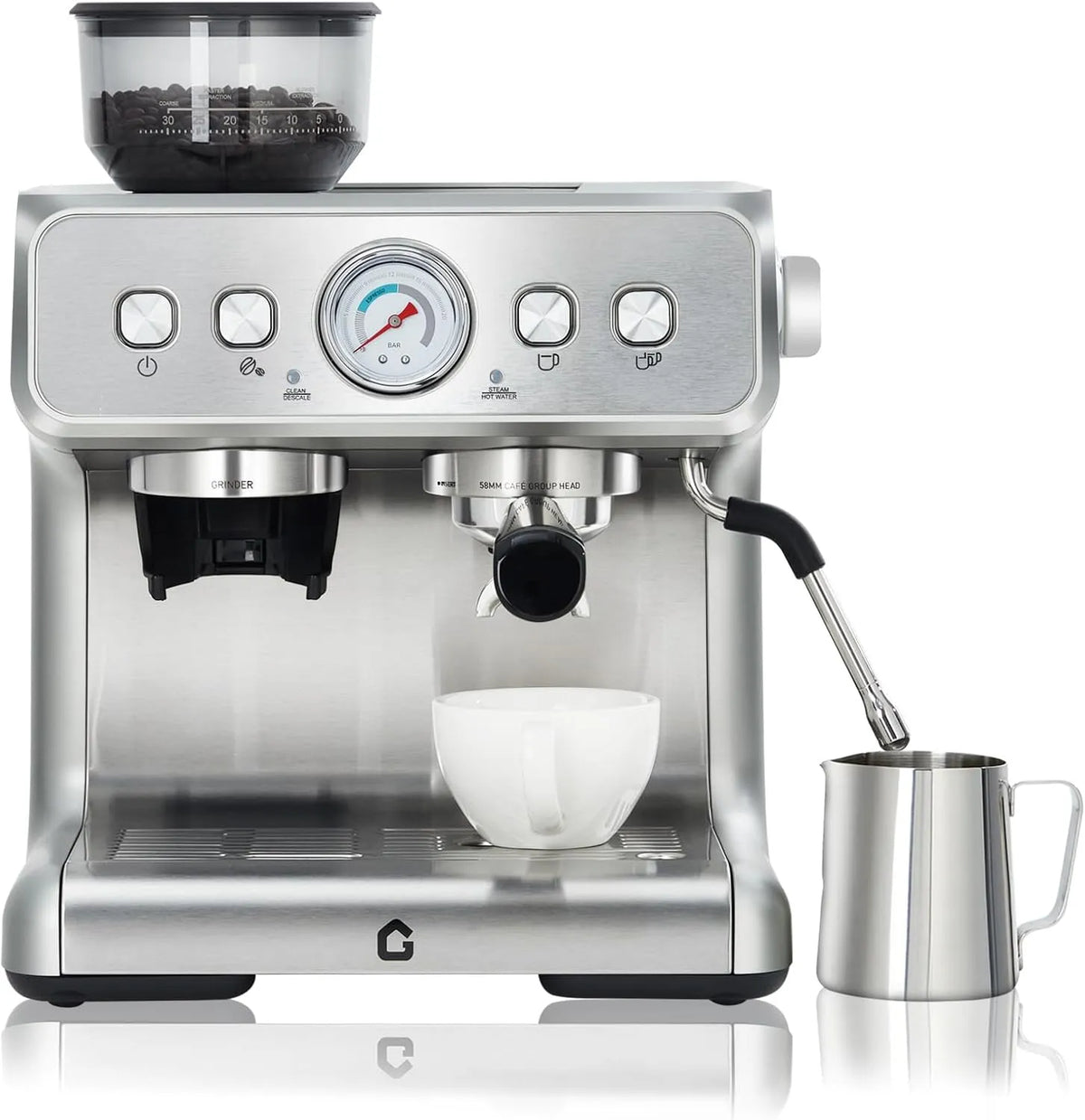 Espressomaschine, Doppeltassen mit Manometer Kaffeemaschine, Dampfrohr, Heißwasser & 30 Mahlstufen, Für Einzel