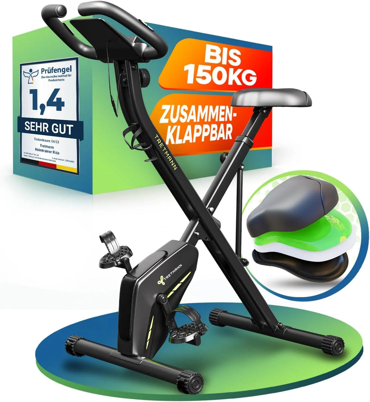 Fahrrad Neu Tretmann Hometrainer, RelaxFoam, bis 150KG Belastbar Ergometer, Klappbar Set-extra bequem & leise, Fitnessbikes, Heimtrainer
