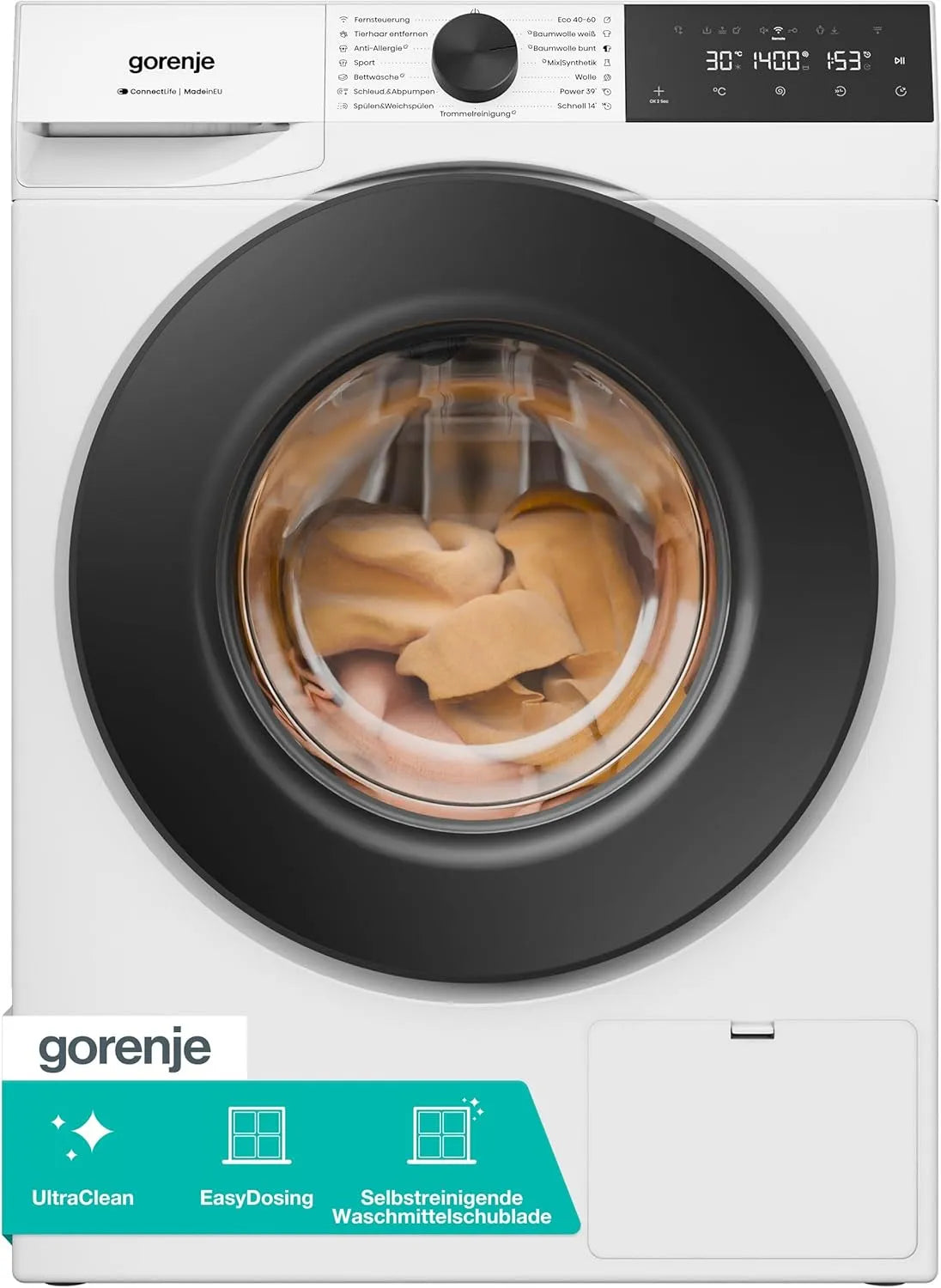 Gorenje Waschmaschine W5G484A3P1, 1400 U-Min, 30% besser als Energieeffizienzklasse A, ConnectLife, AquaStop, Weiß, Gewicht 8 KG, 15 Betriebsprogramme