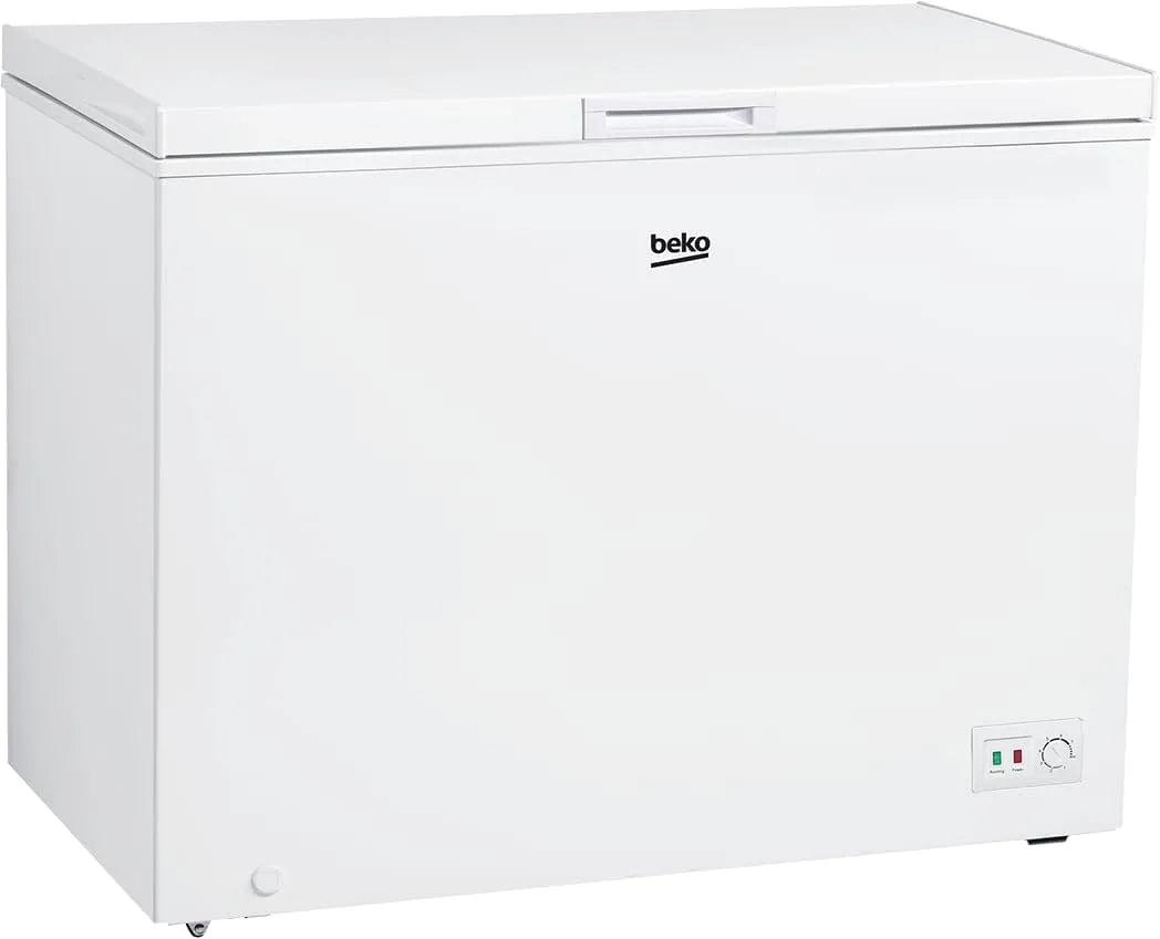 Beko Modell CF316EWN, Fassungsvermögen 308 l Nutzvolumen, 40 db, 1 Gefriergutkorb, Gefriertruhe, Kühltruhe, Temperaturalarm, Transportrollen, Weiß