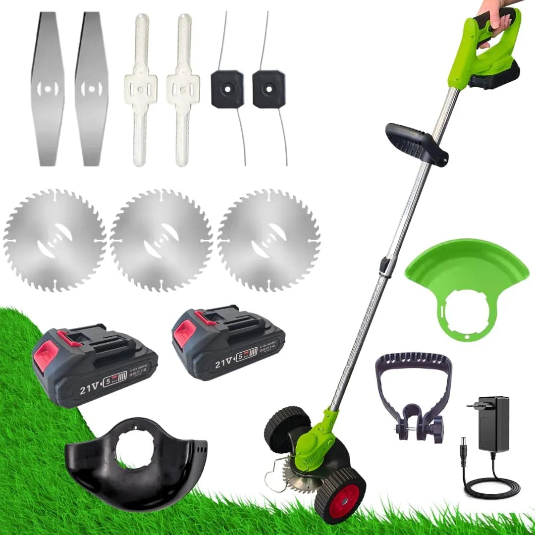 Motorsense Mower+2Bat+3Blades, ROTORAZER 8 IN 1 Elektrische, Rasenmäher, 2 Batterien 21V, 90° schwenkbarer Kopf, Kantenschneider, Heckenschere