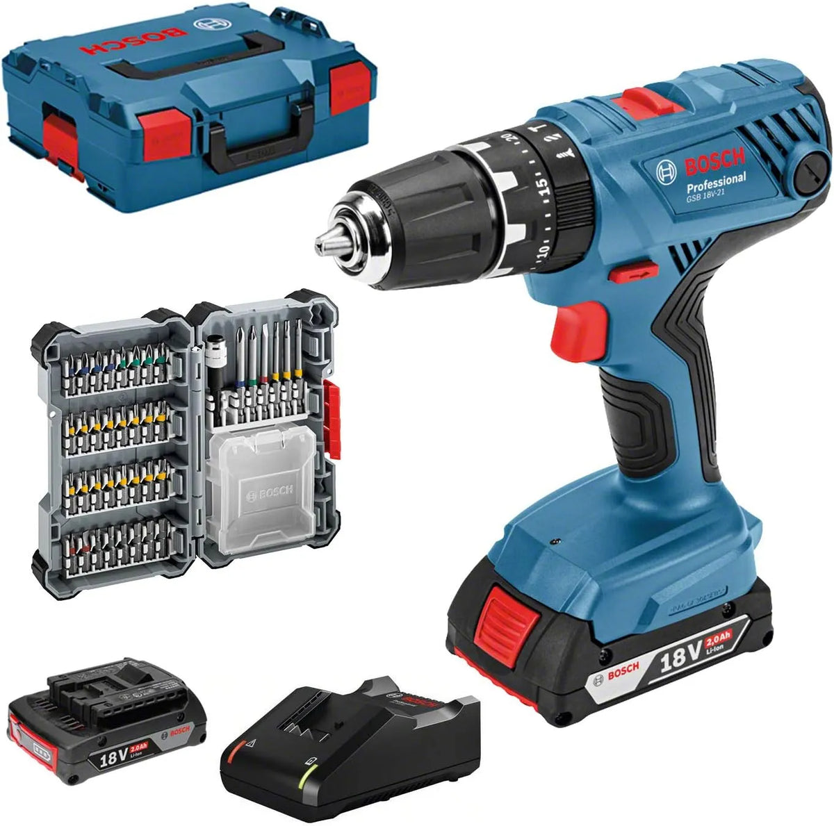 Bosch Modell Spannung 18V-21 40tlg, Professional 18V System Akku Schlagbohrschrauber GSB, inklusive. 2x 2.0Ah Akku, L-BOXX,. Zubehör Set