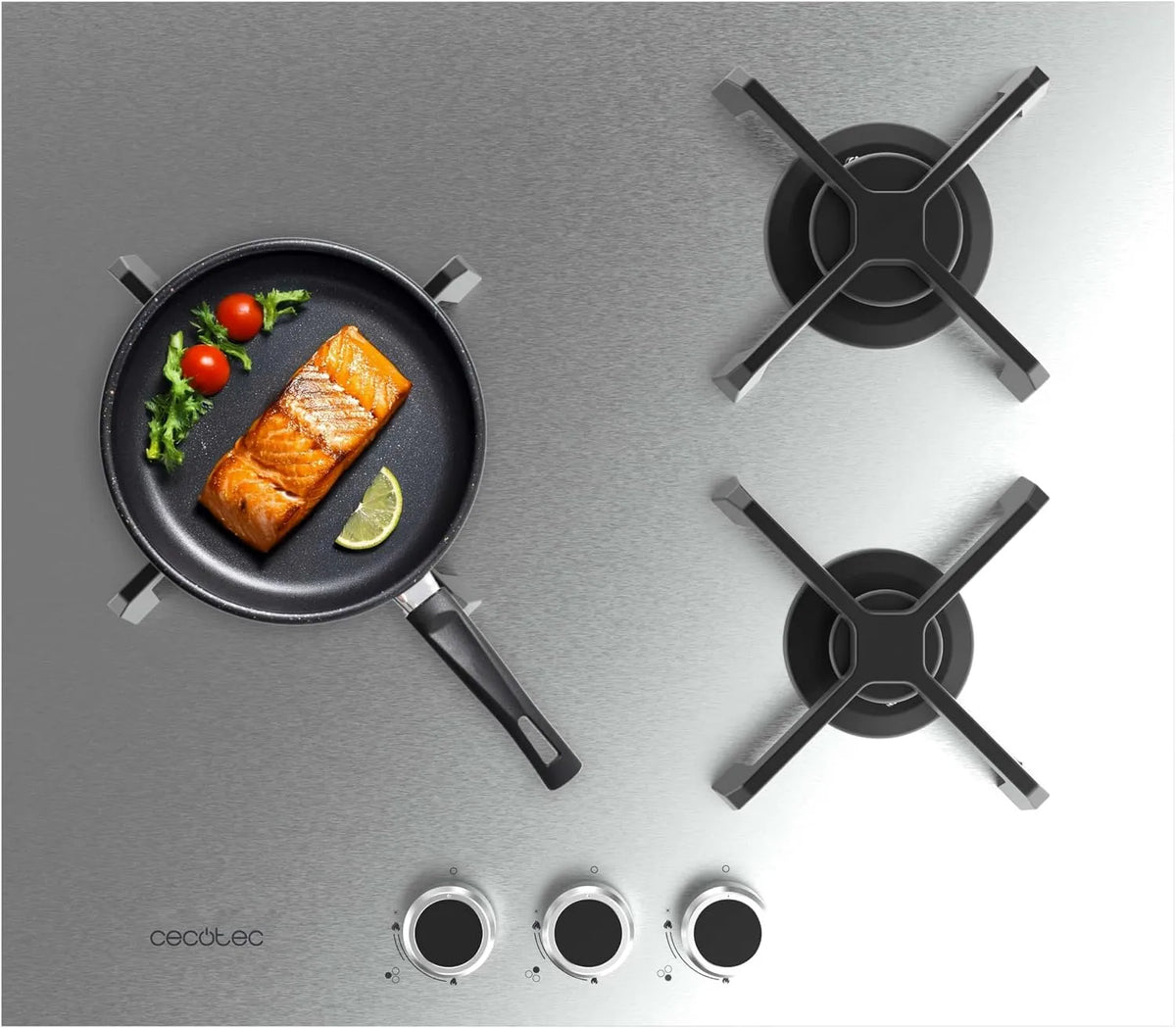 Cecotec Kochfeld 3400S, Leistung 6,2 kW, Gusseisen-Grills, elektronische Zündung, Gaszubehör, Bolero Squad G Gaskochfeld mit 3 Brennern, Edelstahl