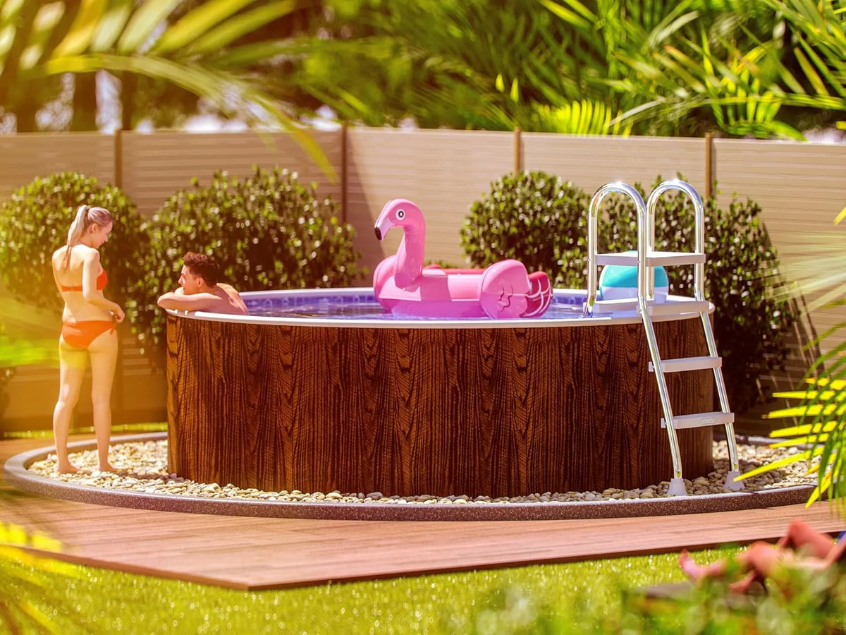 Pool, poolomio Stahlwandpool rund 460 x 120 cm Holzoptik, Aufstellpool Komplettset mit Innenfolie 0,25 mm, Skimmer & Einlaufdüse