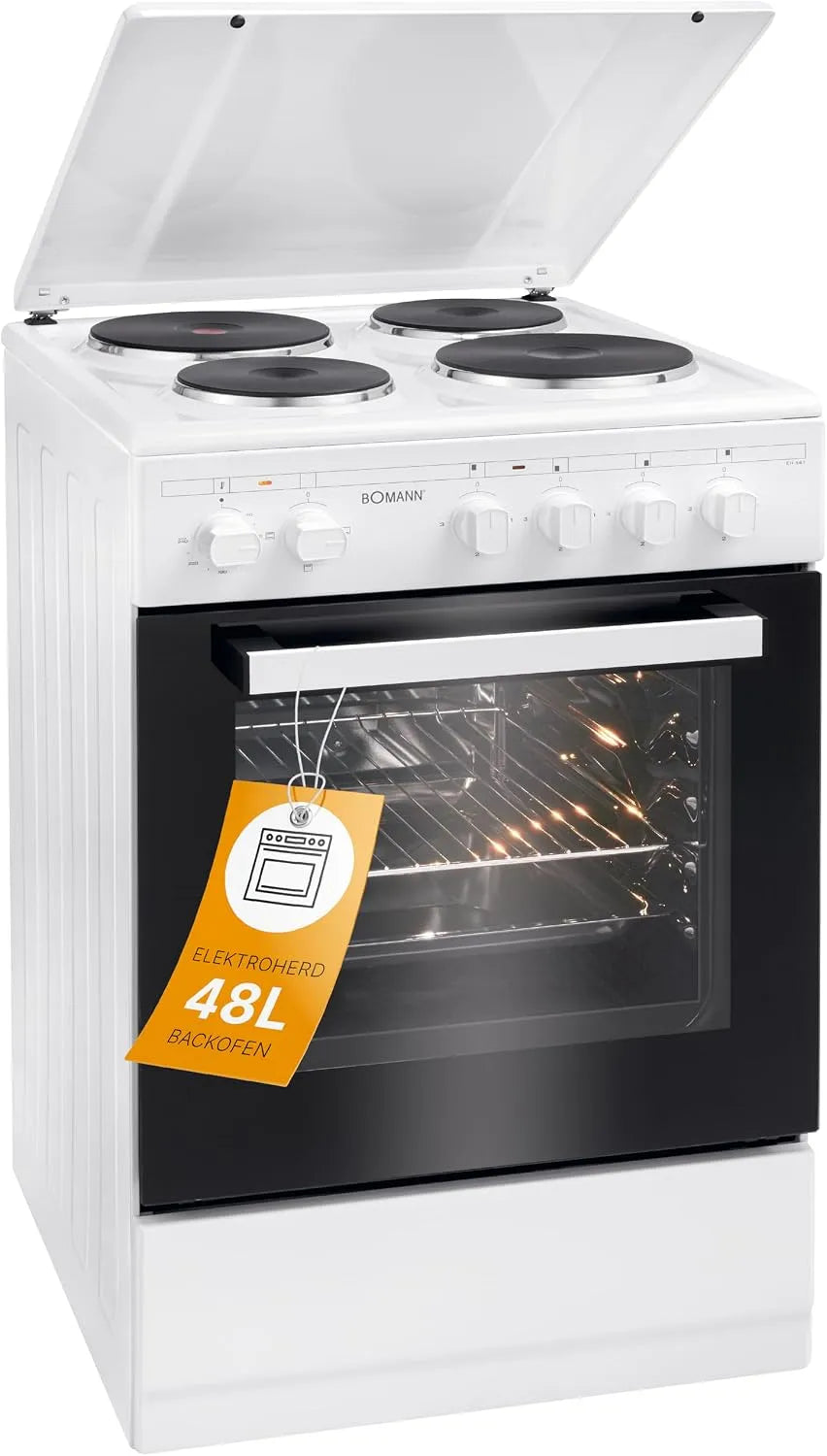 Bomann Backofen EH 561, Elektroherd in freistehender Ausführung 50 cm mit 4 Kochplatten, 40°C, Ober, inklusive. Blech & Grillrost, 50cm mit Herd