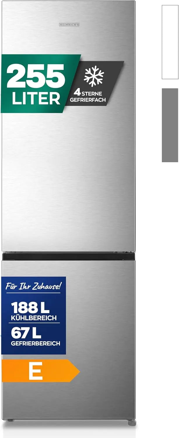 Kühlschrank, Kühlvolumen 188L, leise 40dB, LED Innenraumbeleuchtung, NO FROST, Heinrich´s Kühlgefrierkombination 255Liter, Gefrierfach 67L, inox