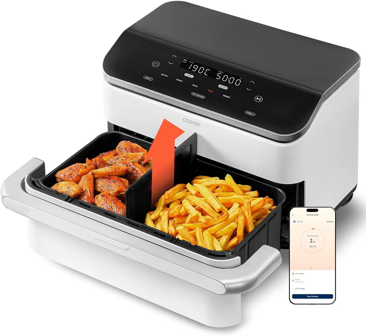 Heißluftfritteuse COSORI, Dual Blaze TwinFry 10L, Temperatur bis 240 Grad C, Cremeweiß, 2 Kammern, mit 4 Heizrohren und flexiblen Kammern