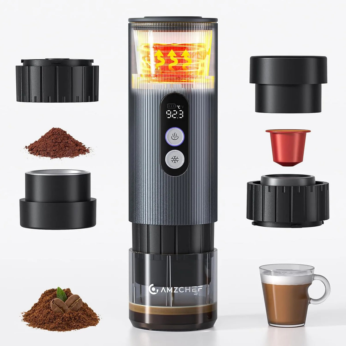 Espressomaschine AMZCHEF tragbar, kaffeemaschine to go für Reisen, Kompatibel mit Kapseln & Kaffeepulver, Aluminium, akkubetrieben, Camping