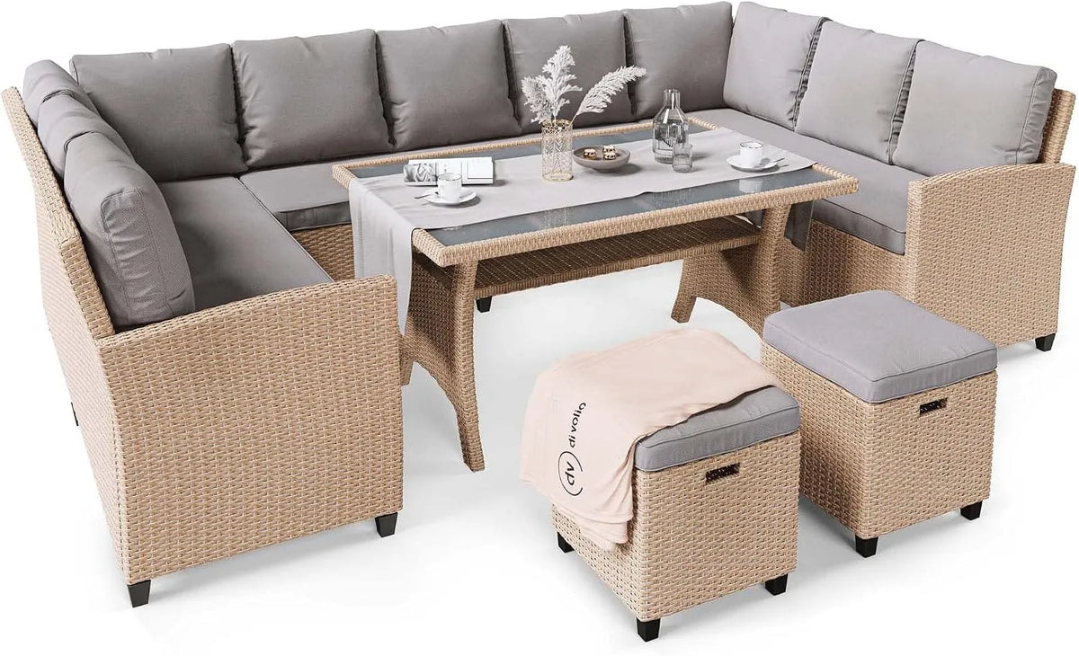 Tisch, Lounge Gartenmöbel-Set mit Ecksofa, 2 Hockern, di volio Polyrattan Sitzgruppe Livorno, beige