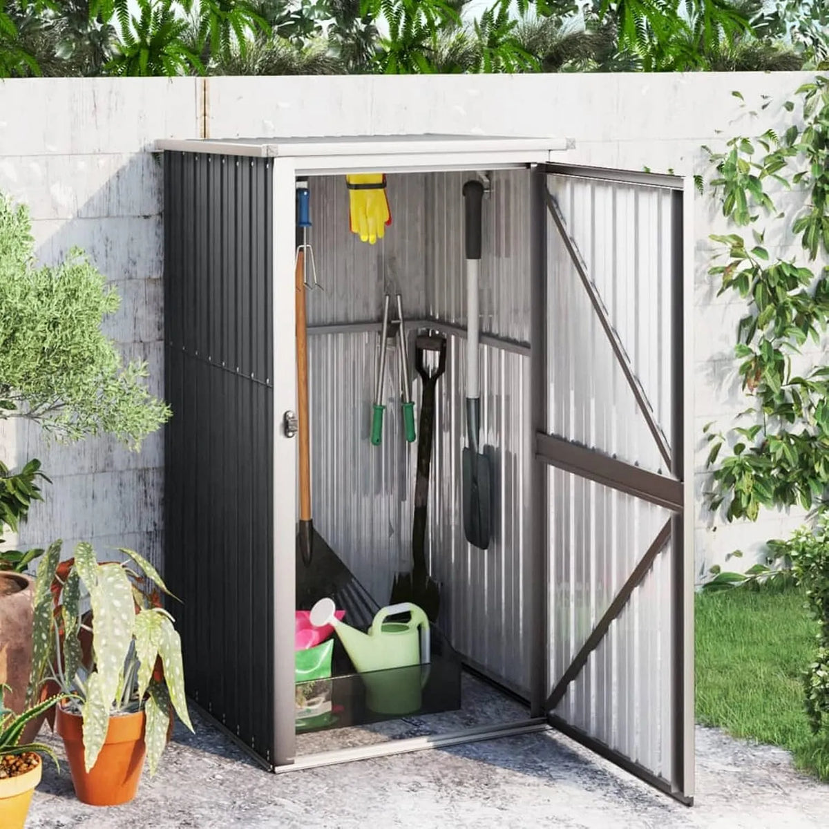 Gerätehaus, mit Stauraum Verzinkter Stahl Anthrazit 88x89x161 cm, mit Schrägdach Garten Schuppen Gartenschrank