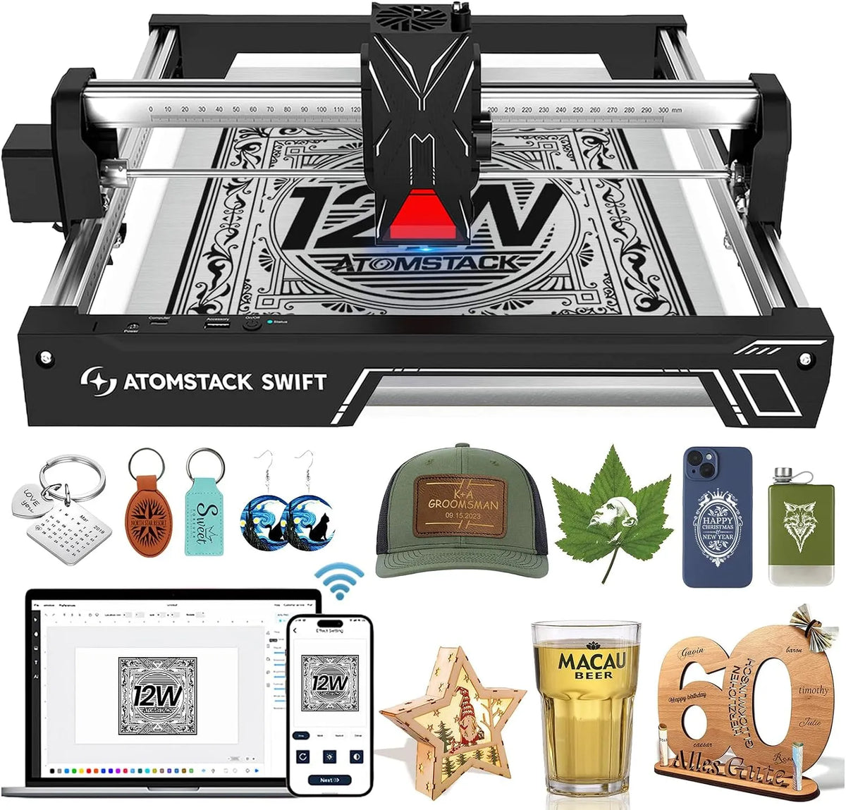 Modell laser Graviermaschine für Anfänger 12000mW ATOMSTACK Swift, 300×300mm Gravurbereich, Swift 12W, Laser Cutter