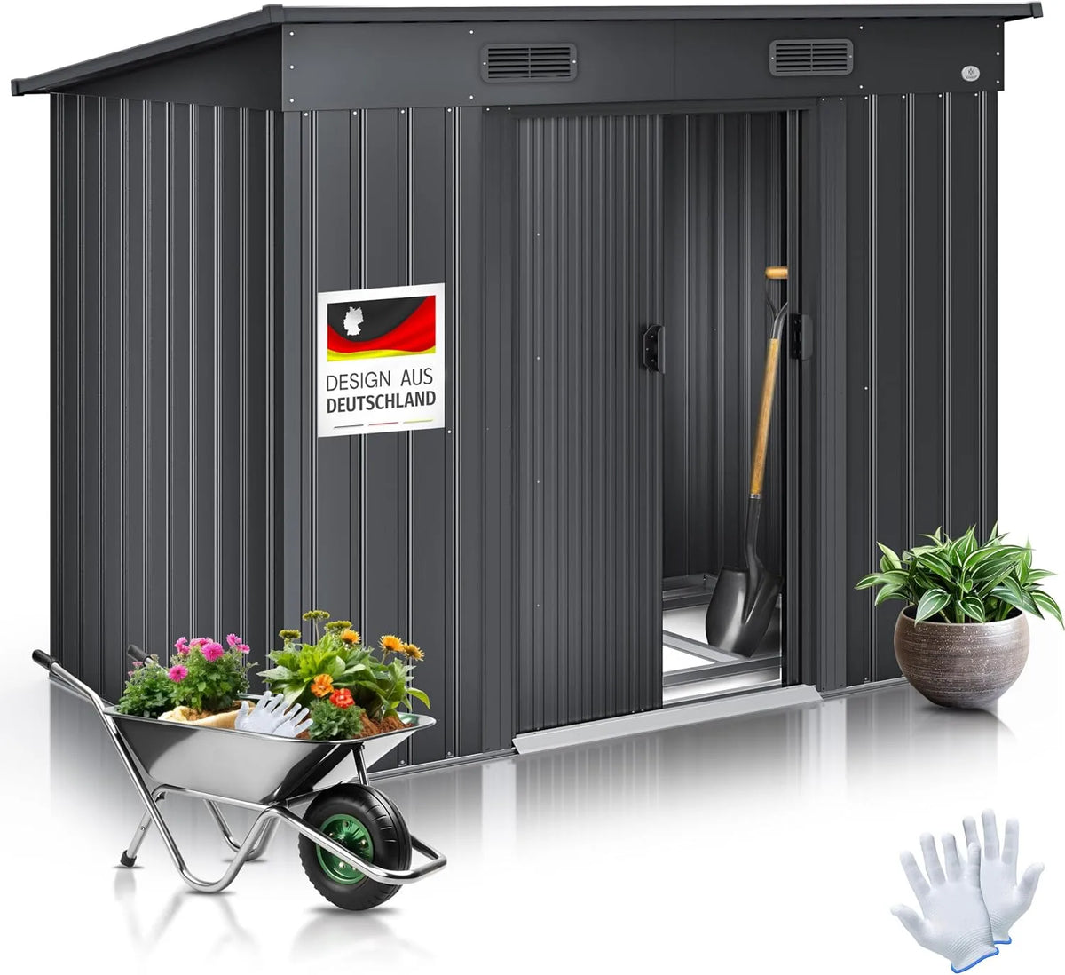 Kesser Gerätehaus, L Metall 4 m³ mit Fundament, Maße 210x132x186 cm, Gartenhaus Schrank, 2X Schiebetür & Fundament, Geräteschuppen, Anthrazit