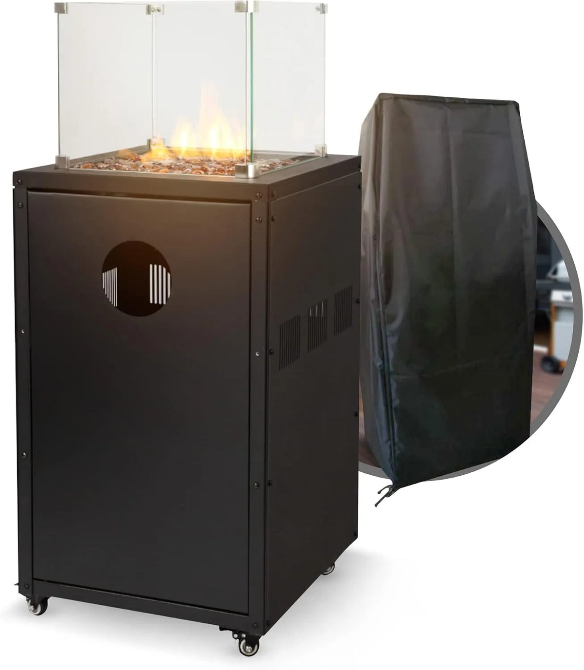 Heizstrahler FUEGO APANA Gas, Leistung 8kW, Heizpilz für Garten, inklusive. Abdeckhaube, in Schwarz, Terrassenfeuer mit Sichtfenster & Rollen