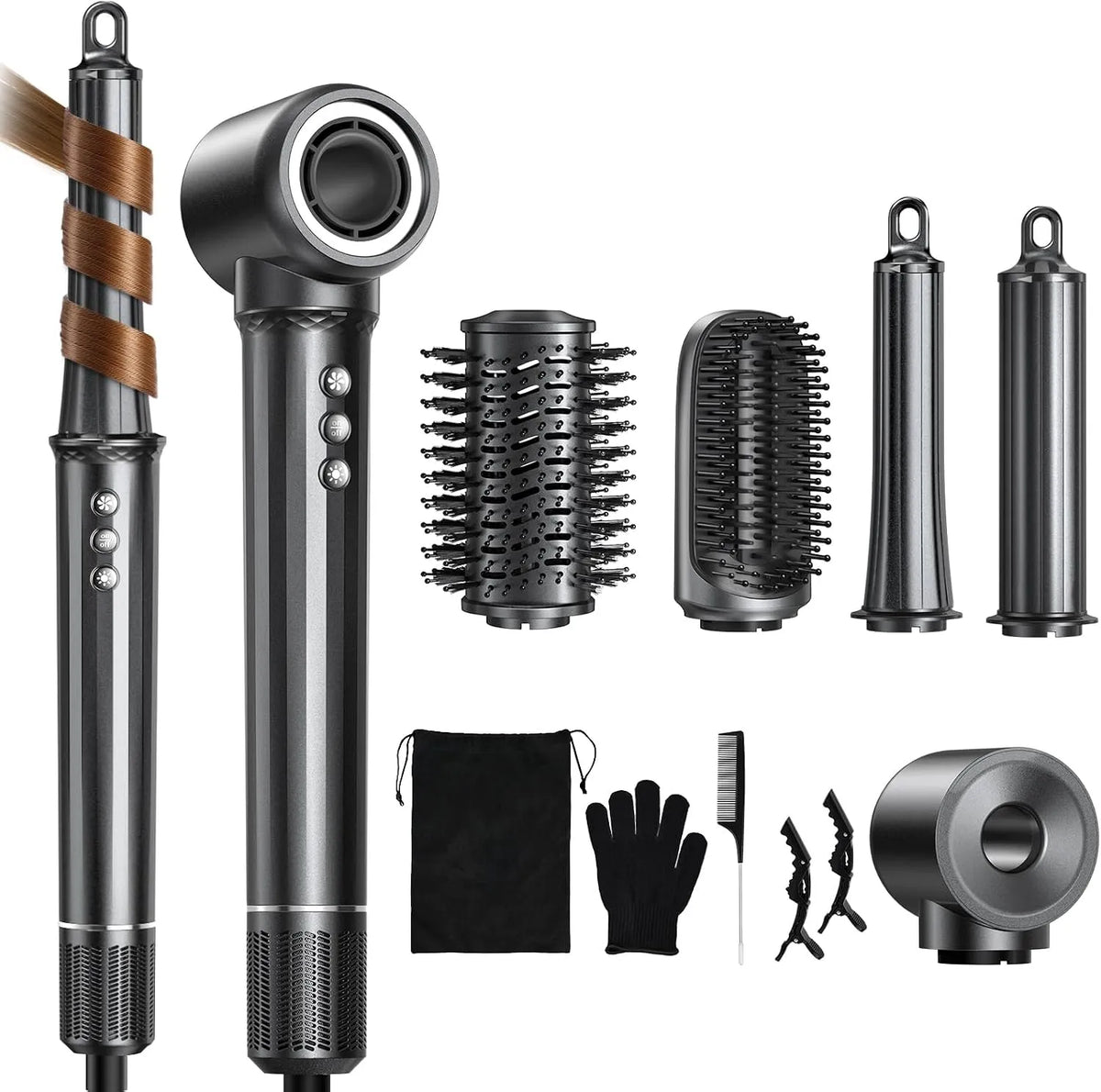 Airstyler 5 in 1, U 110000, min Ionen Föhn mit 2 Größe Lockenstab Automatisch, Volumenbürste, Haarglätter Bürste, Macht Haar Glatt und Glänzend