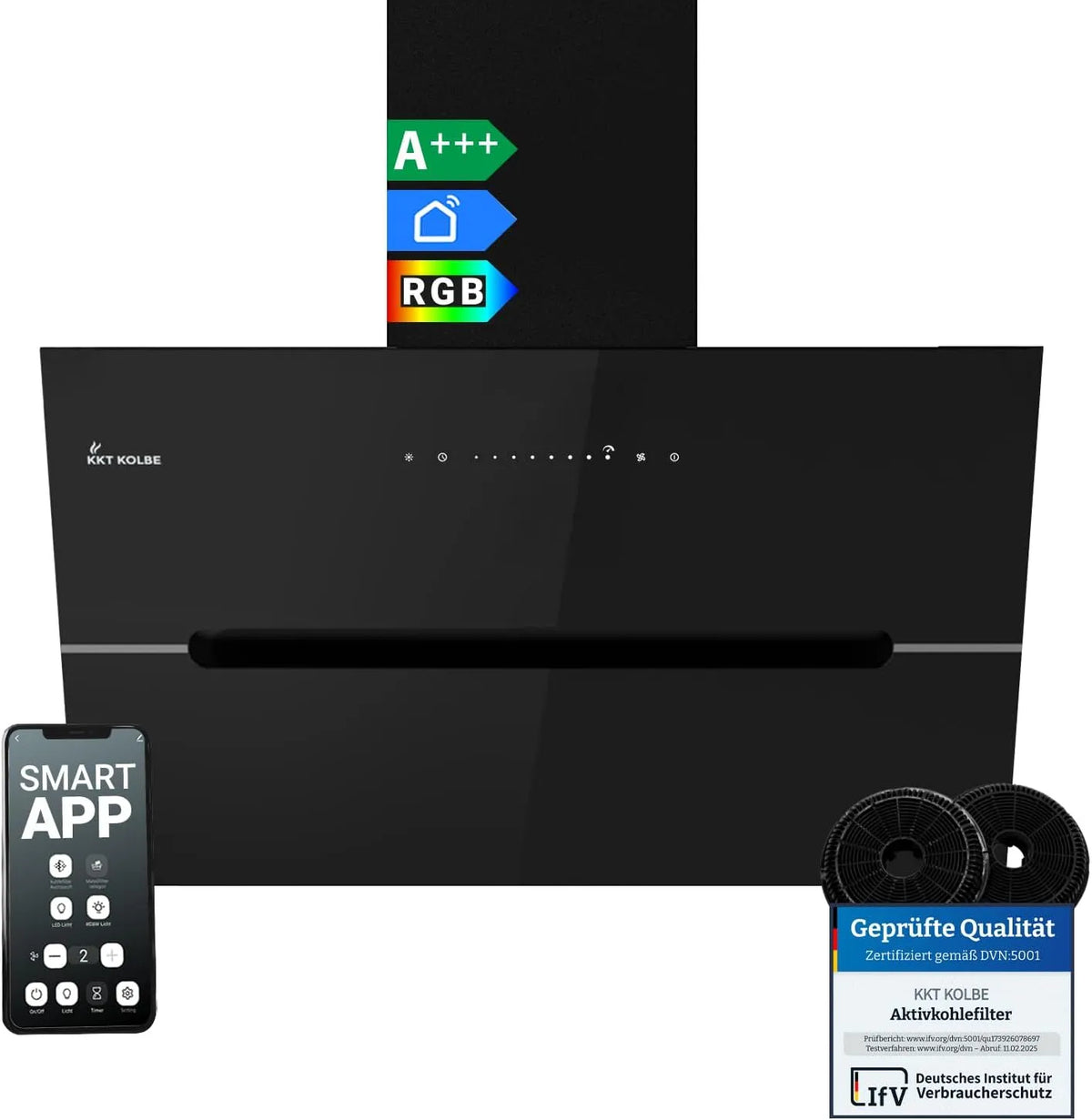 Dunstabzugshaube ECCO8005SM KKT KOLBE, 782 cbm, h Umluft Abluft, Wandhaube, in Schwarz Glas, Breite 80 cm, Smart WiFi App WLAN, Kopffrei